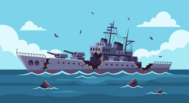 Heavily damaged battleship sinking in the ocean with sharks and birds, depicting a naval disaster.