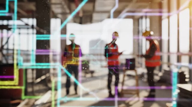 Construction engineers in safety vests and hardhats at building site with digital bim blueprint wireframe. Smart planning and augmented reality infrastructure visualization. Engineering team project
