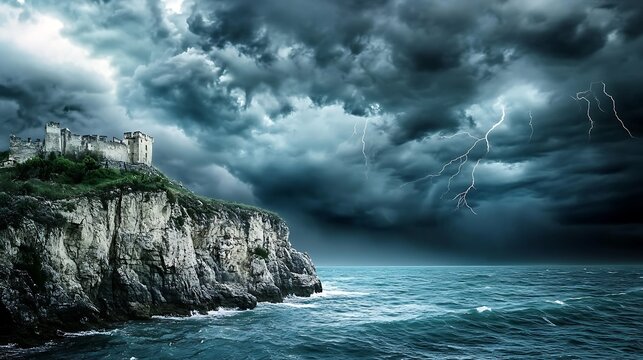 Fantasy castle on cliff edge under a dramatic firmament