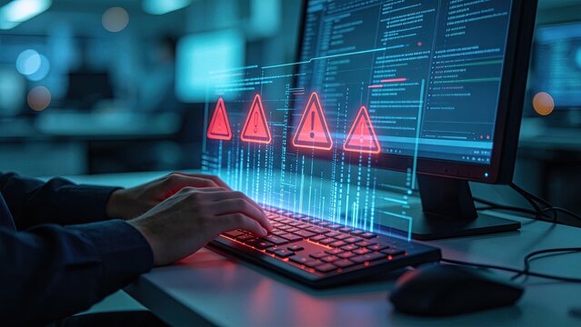Cybersecurity threat detection digital warning alerts on computer screen hacker attack prevention data breach protection network security monitoring IT risk management coding interface tech background