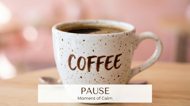 A speckled ceramic mug filled with dark coffee, bearing the word "COFFEE" in bold lettering, perfect for a relaxing pause.