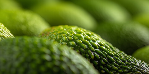 Obraz premium Fresh avocados close up ready to be eaten. The skin of the avocados is rough and has green color, it shows delicious and appetizing fruits 