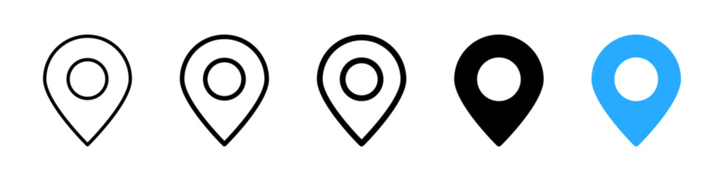 A collection of five different map pin location icons displayed in various line and fill styles