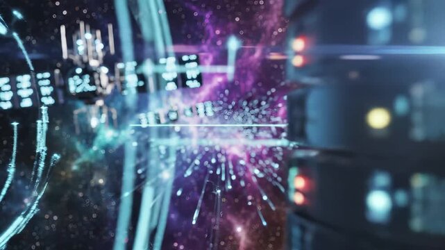 Space station with server modules and antennas orbiting in galaxy. Global digital network data transmission and satellite communication infrastructure. technology and cosmic computing system