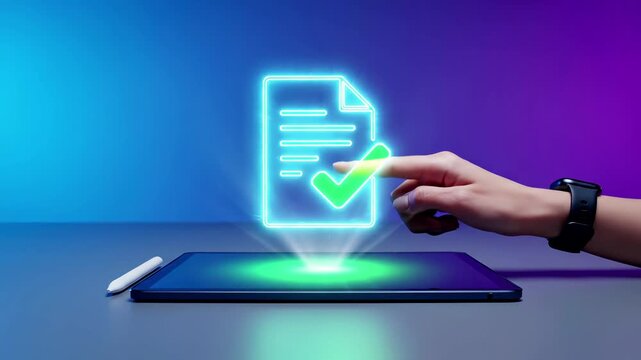 Business professional working with document with checkmark from tablet. Digital approval and electronic contract verification technology. Business paperless compliance and certified signing interface