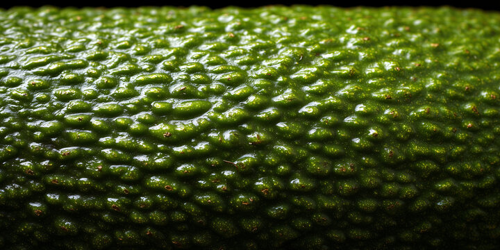 A close-up view of a green avocado skin, showcasing its bumpy texture and natural detail. 