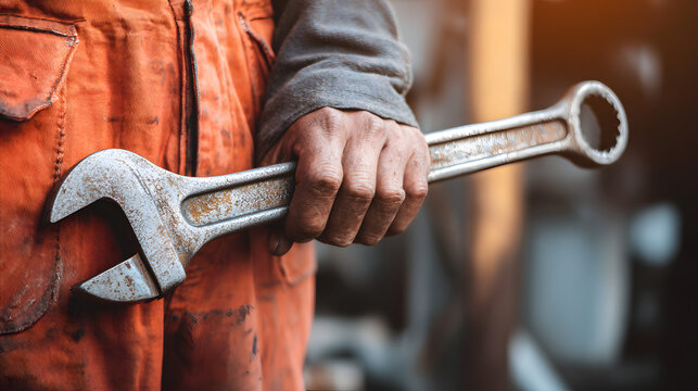 A close-up of a worker's hand holding a large adjustable wrench in a workshop setting.