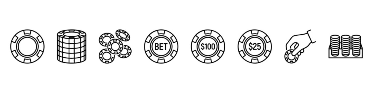 Minimal casino chip icons: stacks, scattered chips, and values. Perfect for gambling, betting, and casino visuals.