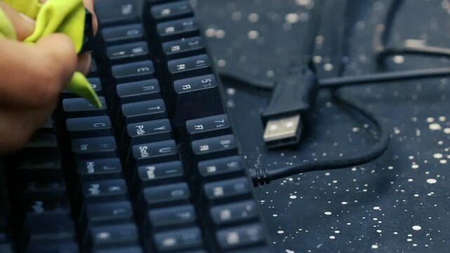 Close-up of hand repairing and cleaning a mechanical keyboard by replacing a keycap on a tech workbench