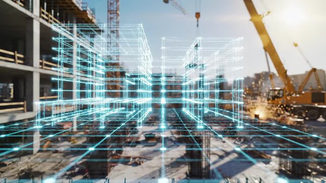 Digital bim wireframe overlay on construction site with crane and building. Smart technology and augmented reality architectural planning visualization. Engineering infrastructure and real estate