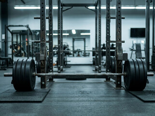 Fototapeta premium Barbell with Black Bumper Plates on Gym Floor in Power Rack