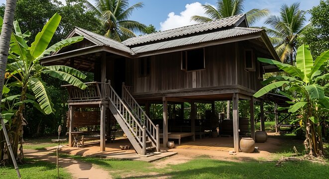 Traditional wooden house elevated on stilts surrounded by tropical vegetation