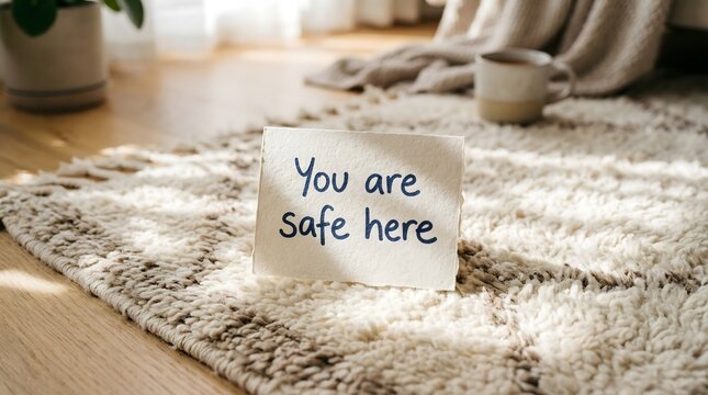 Rug with "You are safe here" note in soft sunlight showing handwritten affirmation aesthetic photography for emotional security and grounding in personal space