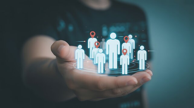 Digital illustration of a hand holding a group of glowing people icons representing a network or team