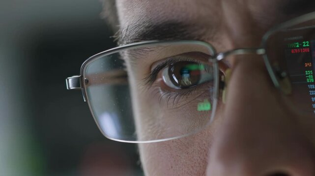 A focused trader&rsquo;s eye behind glasses, reflecting stock market data and trading charts on the screen