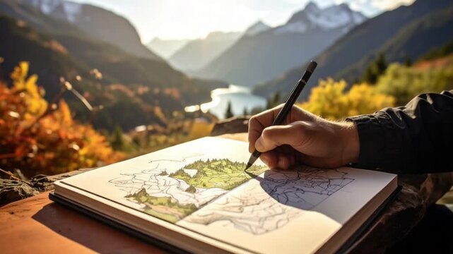 Hand drawing a scenic mountain landscape map in a sketchbook outdoors