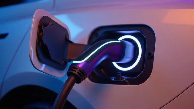 electric vehicle charging connector plugged into glowing ev port. Station and clean energy automobile plug connection. Sustainable transport technology and green mobility electrification innovation