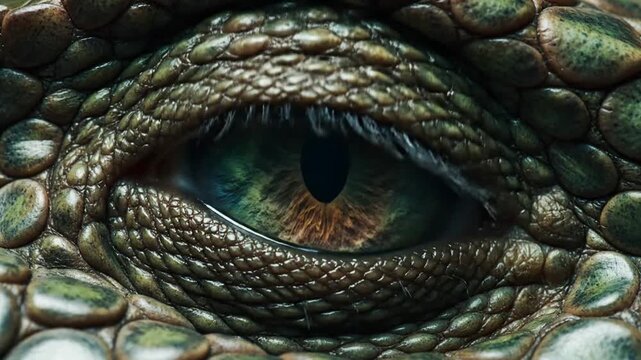 Detailed close-up of an exotic reptile eye with colorful iris and intricate scaly skin