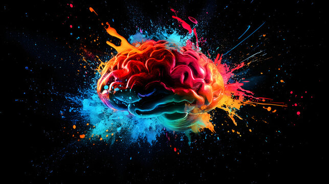 3D abstract brain explosion with vibrant neural network and energy particles on black background