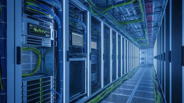 High tech data center interior with rows of server racks and organized colorful network cables in glowing blue light