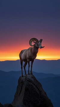 Bighorn Ram Standing on Mountain Peak at Dramatic Sunset Over Layered Blue Ridges