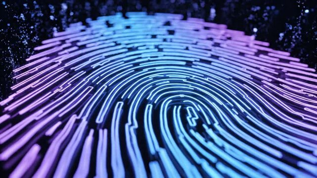 Digital fingerprint scan with glowing blue and purple lines for biometric security authentication