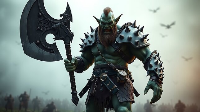 Dark fantasy orc warrior with battle axe in misty battlefield at dusk