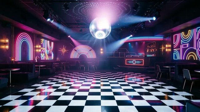 Retro 80s nightclub with a large disco ball hanging over a black and white checkered dance floor and vibrant neon lights