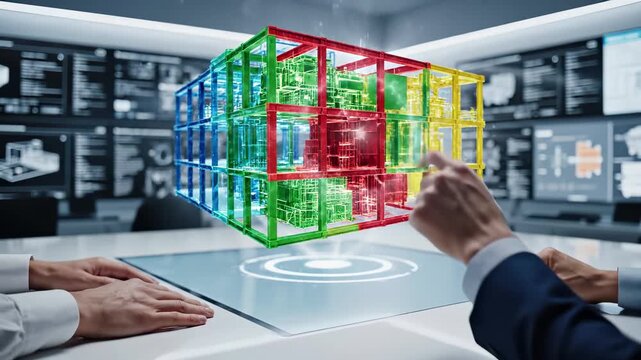 Business professionals interacting with colorful digital projection. Interactive model and visualization technology. Corporate strategy planning and project management system presentation