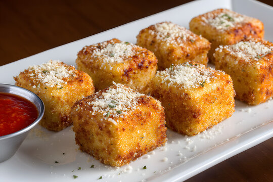 Golden Squares of Delicious Fried Snacks Arranged in a Perfect 2x3 Grid on a White Plate