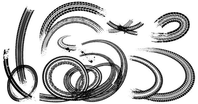 Set of grunge tire tracks, curved black tread prints, drift skid marks with ink splashes.
