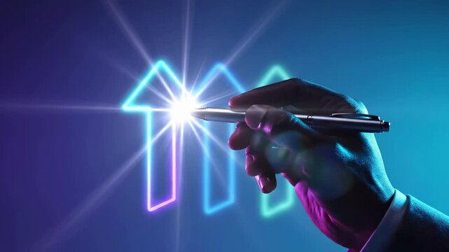 Business professional pointing at glowing neon upward arrow symbols. Financial growth and performance increase visualization. Corporate investment success and rising profit trend indicator technology
