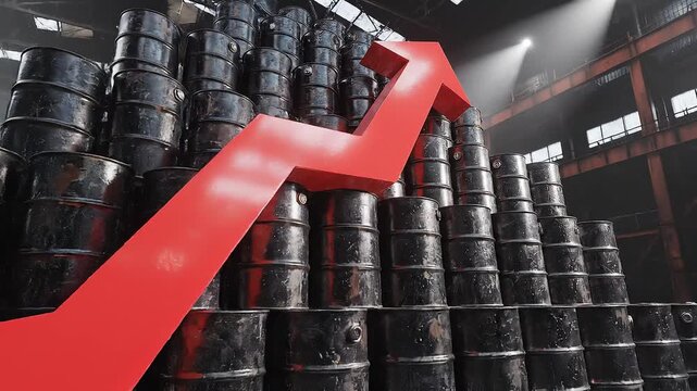 Rows of black petroleum barrels arranged in ascending order featuring a prominent red upward arrow symbolizing global oil market growth and rising energy prices in high resolution.