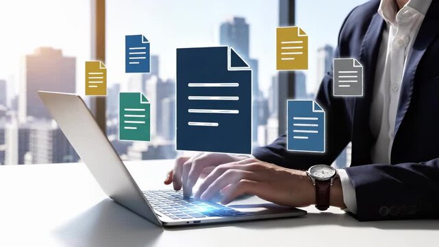 Businessman typing on laptop with document file icons above keyboard in office. Digital management and paperless workflow automation system. Business data filing storage and sharing technology