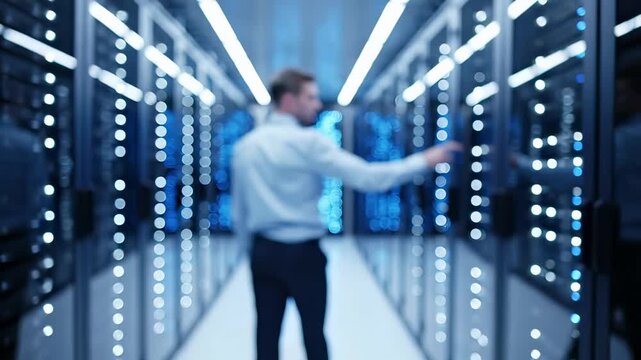 It engineer reaching into server rack in datacenter corridor. Cloud computing infrastructure maintenance and hardware management operation. Enterprise service and network system administration