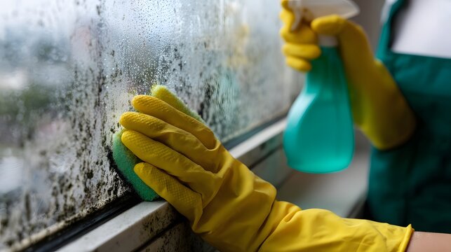 Black mold removal from a damp window with yellow gloves and blue spray bottle