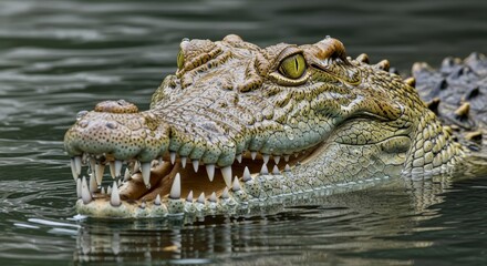 Obraz premium Crocodile head emerging from water surface. Close up of reptile predator showing sharp teeth and textured skin. Wild animal in nature, dangerous wildlife concept. Safari park experience.