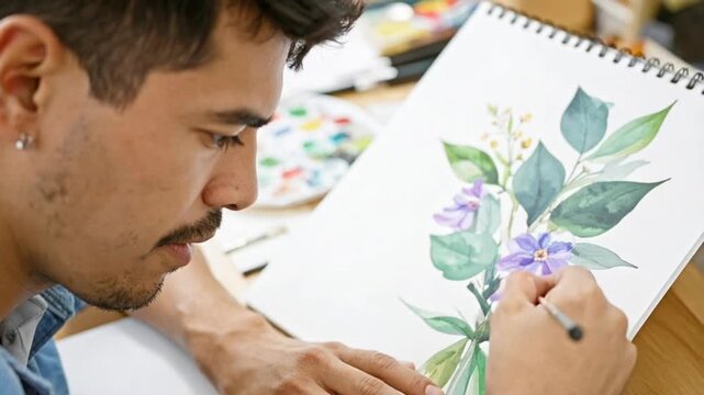 Young man artist painting watercolor floral illustration in sketchbook