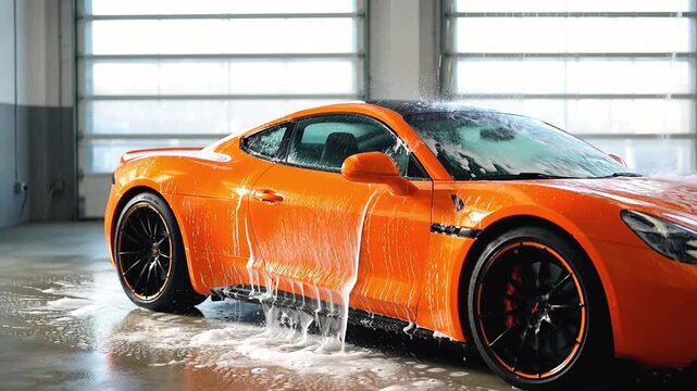 Orange sports car being washed with soap foam in a professional garage