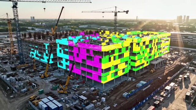 large construction site with digital bim overlay and ai segmentation mapping on building. Smart technology for monitoring project management and infrastructure development with tower cranes
