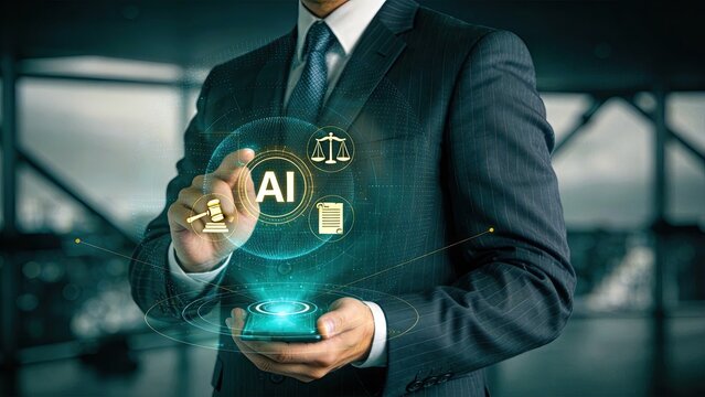 Businessman using smartphone with AI legal tech interface artificial intelligence in law digital justice system smart legal services future of legal profession tech lawyer concept