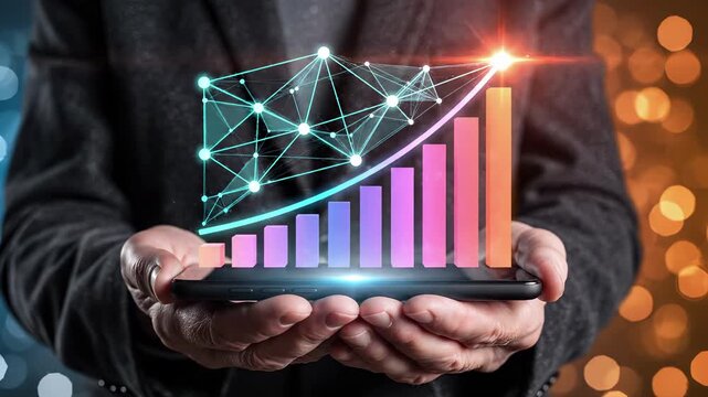 Hands holding smartphone with rising bar chart and digital neural network. Business growth analytics and financial performance data visualization for investment strategy and market trend forecasting