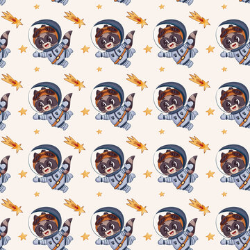 Cute Raccoon Astronaut Seamless Space Pattern