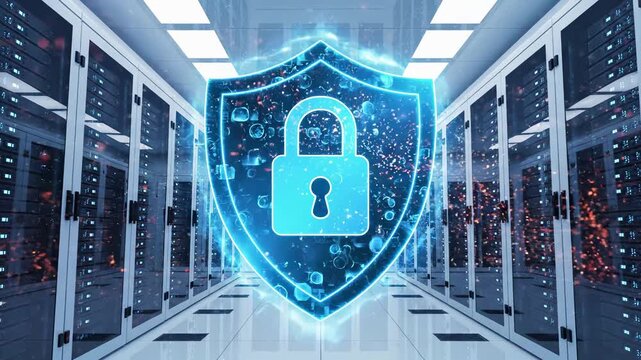 Digital security shield with padlock in server data center corridor. Cybersecurity infrastructure protection and network encryption for enterprise it system firewall and cloud defense