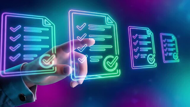 Finger touching glowing digital checklist documents with checkmarks on virtual interface. Business task management and compliance workflow for quality audit verification and document approval process