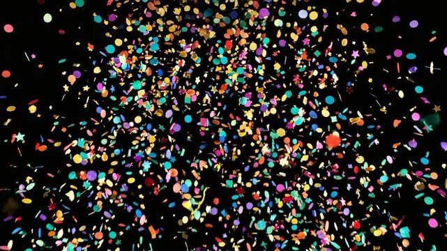 Vibrant rainbow confetti explosion falling over a dark black background for festive party themes