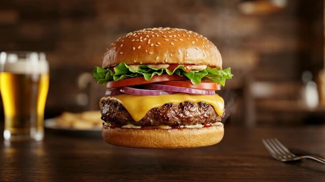 Levitating gourmet beef cheeseburger with fresh ingredients floating over a wooden table in a rustic pub setting