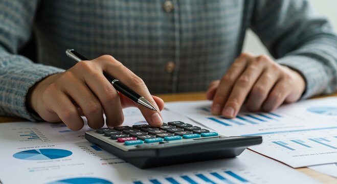 Closeup of a person using a calculator and pen for financial analysis and data