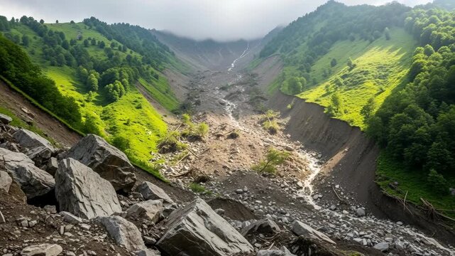 Massive landslide and debris flow path carving through lush green mountain valley under misty peaks