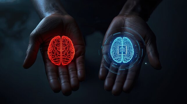 Human Brain vs AI Brain in Open Hands, Red Natural Mind and Blue Digital Neural Network with AI Chip, Futuristic Human-AI Contrast Concept Macro